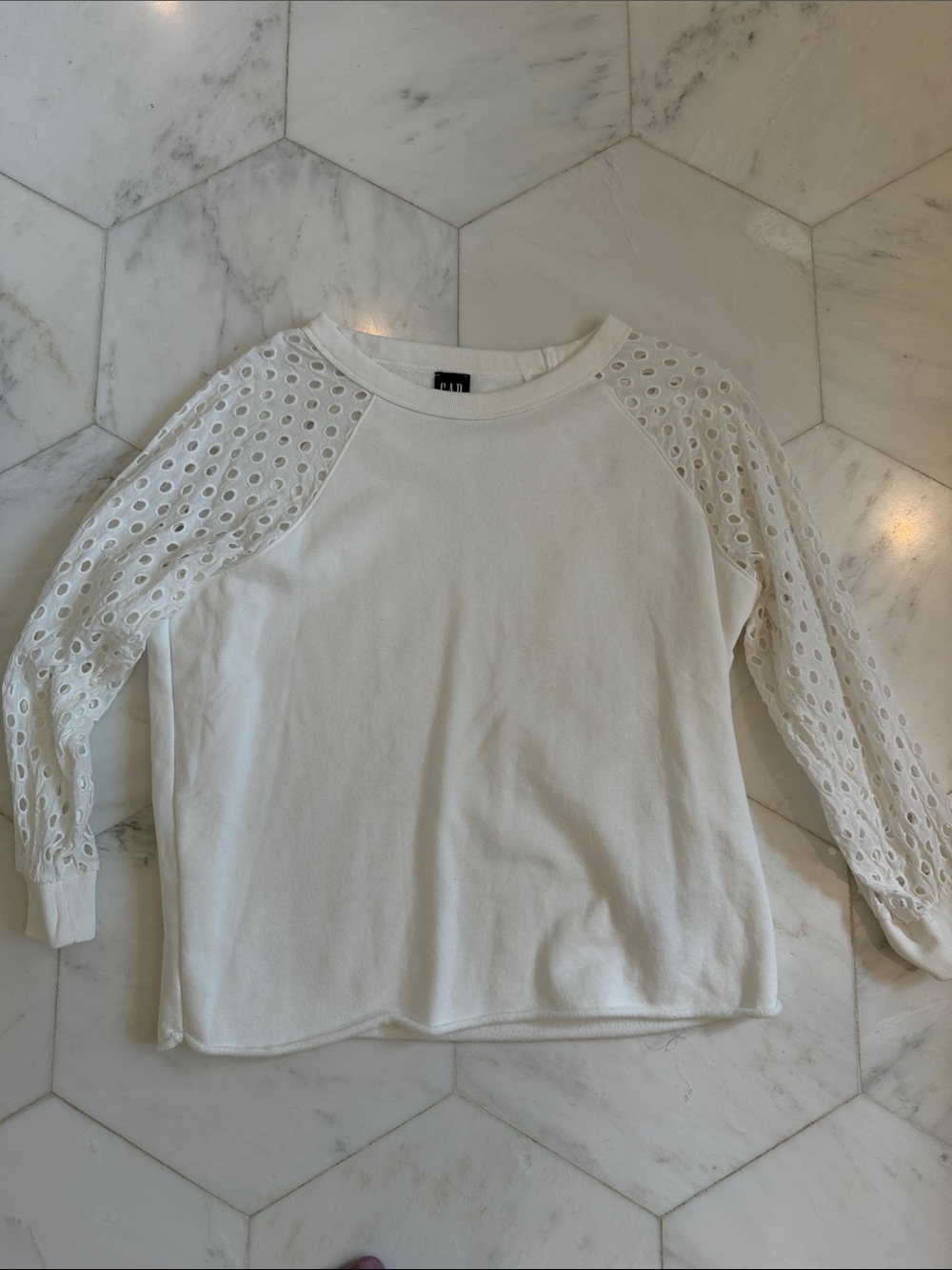 GAP White Eyelet Sleeve Crewneck Sweatshirt